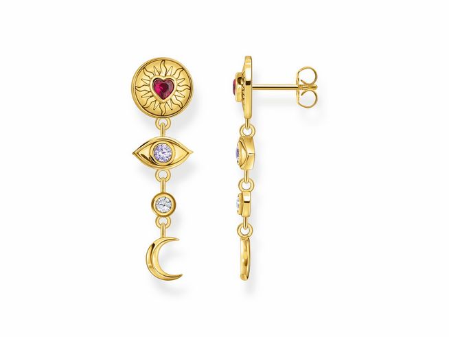 Schicke Thomas Sabo Ohrringe H2277-995-7 in Silber vergoldet mit buntem synthetischem Korund und Zirkonia, inspiriert von kosmischen Motiven, Ohrhänger-Design.