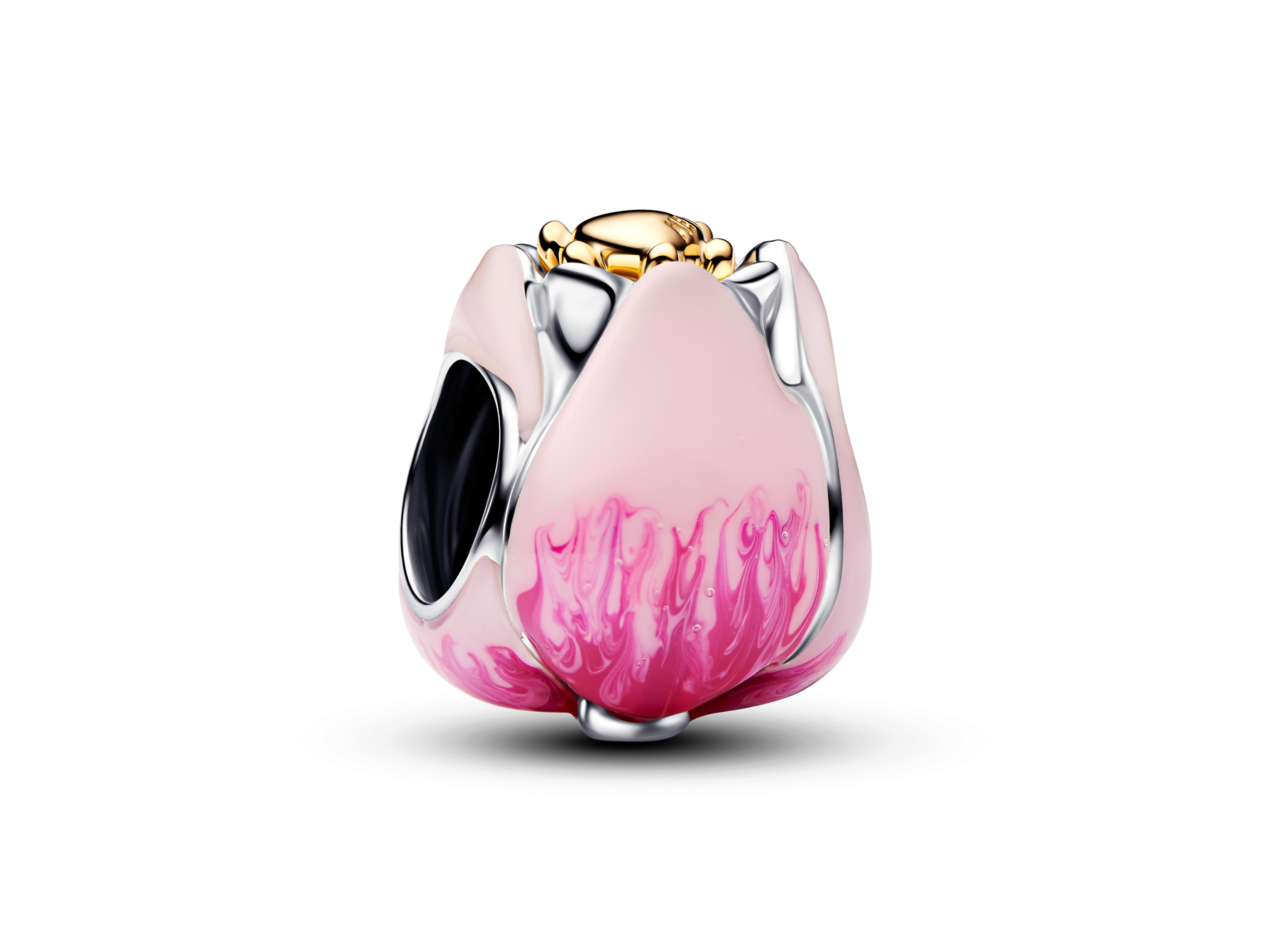 Pandora Charm in Form einer rosafarbenen Tulpe aus Silber und gelbgoldvergoldetem Material. Dekoriert mit Emaille und Kristallen für einen eleganten Look.