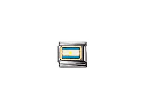 Ein Charm von Nomination mit dem Design der Flagge Argentiniens. Die Farben Blau und Weiß sind gut sichtbar, umrahmt von einem silbernen Rahmen, ideal für Armbänder.
