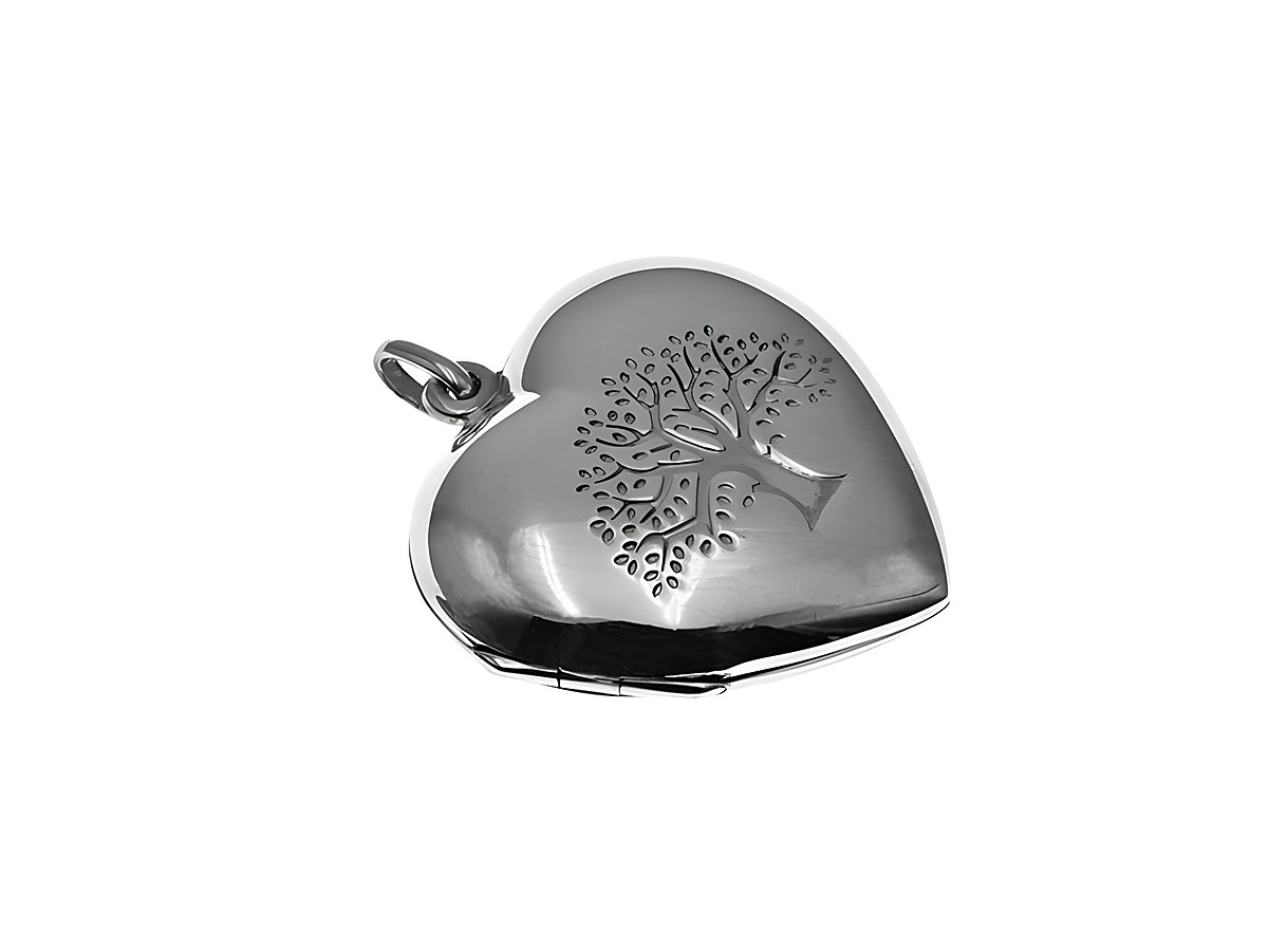 Medaillon Herz gewölbt aus Silber mit einem Lebensbaum-Motiv, hergestellt von Juwelier Harnisch. Ideal für persönliche Erinnerungen und besonderen Schmuck.