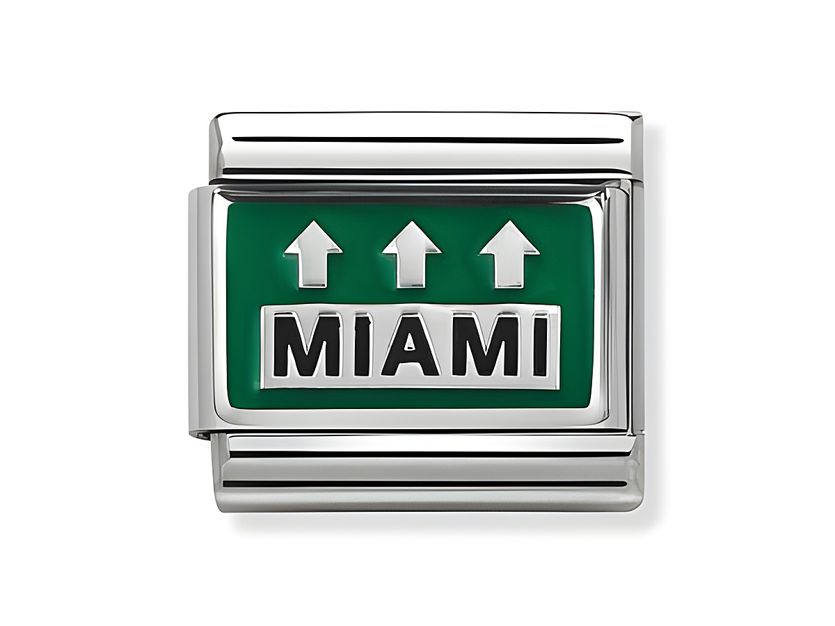 Plättchen von Nomination mit dem Motiv Autobahn Miami in Silber und grünem Hintergrund, drei Pfeile nach oben und der Schriftzug Miami in schwarzer Farbe.