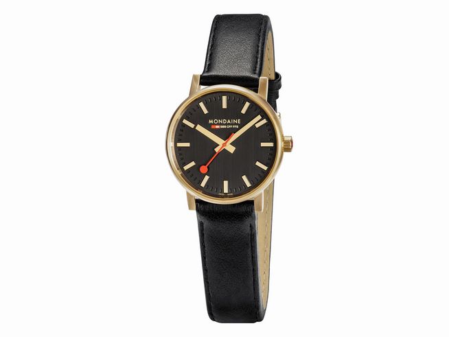 Elegante Mondaine evo2 MSE.30120.LB Armbanduhr mit 30 mm Gehäuse aus goldfarbenem Edelstahl und schwarzem Zifferblatt, kombiniert mit einem schwarzen Lederarmband.