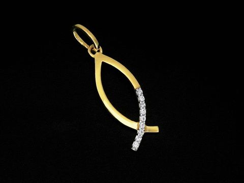 Christlicher Fisch Anhänger aus 333 Gold mit Zirkonia, symbolisiert den Glauben, Hersteller Juwelier Harnisch, geeignet als religiöses Schmuckstück.