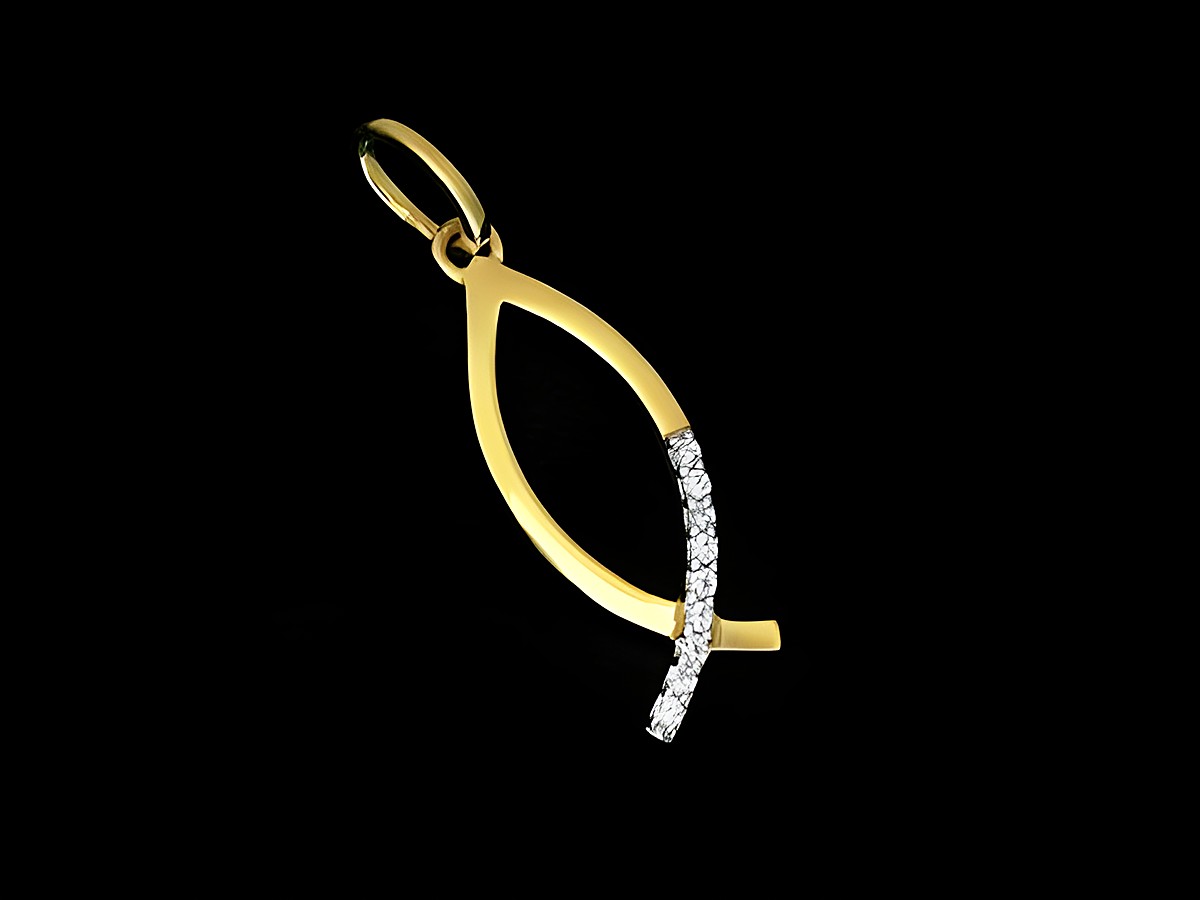 Christlicher Fisch Anhänger aus 333 Gold mit Zirkonia, symbolisiert den Glauben, Hersteller Juwelier Harnisch, geeignet als religiöses Schmuckstück.