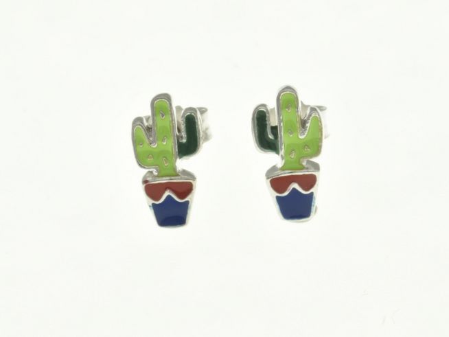 Kaktus Ohrstecker aus rhodiniertem Sterling Silber mit buntem Emaille, präsentiert in einem ansprechenden Design, ideal für Kinder, Hersteller Juwelier Harnisch.