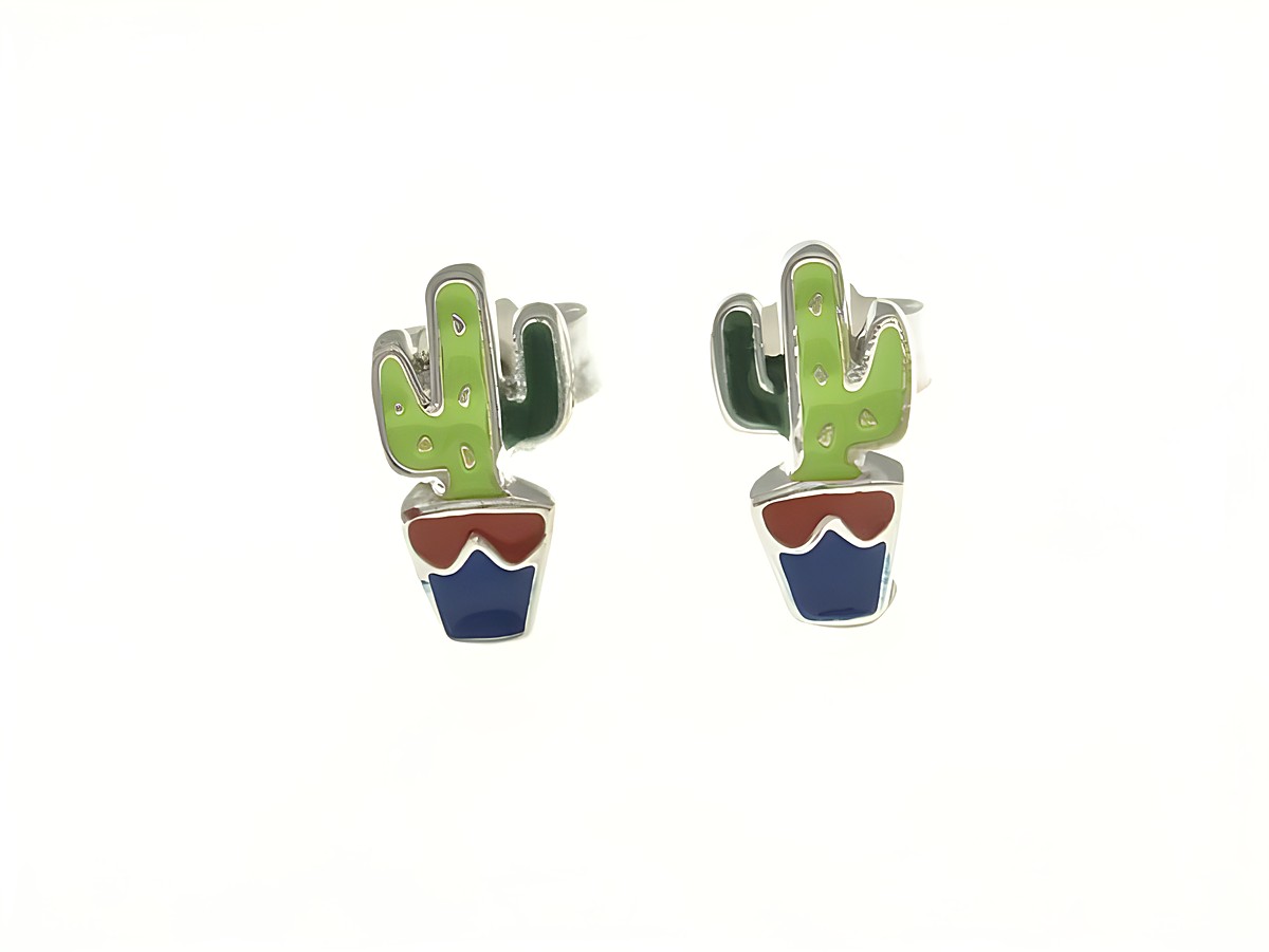 Kaktus Ohrstecker aus rhodiniertem Sterling Silber mit buntem Emaille, präsentiert in einem ansprechenden Design, ideal für Kinder, Hersteller Juwelier Harnisch.