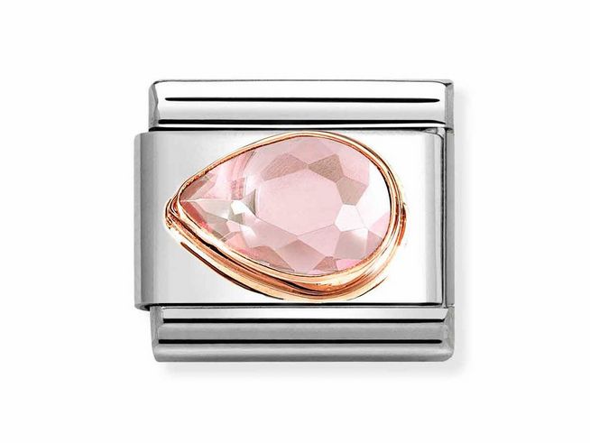 Das Bild zeigt ein elegantes Schmuckstück von Nomination mit einem rosa Zirkonia in Tropfenform, eingefasst in Roségold und Edelstahl, ideal für stilvolle Akzente.