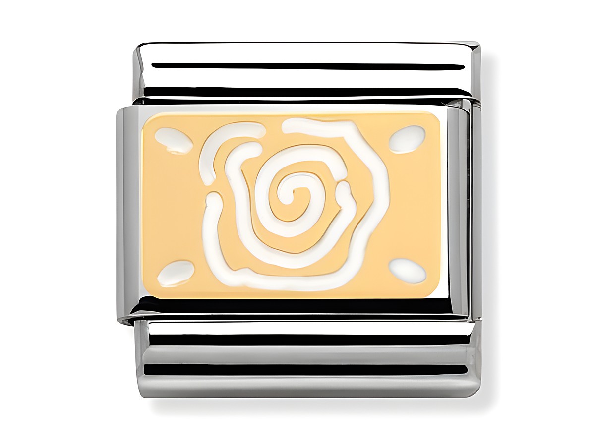 Ein elegantes Armbandglied aus Edelstahl mit emaillierter Oberfläche in Rosé und Weiß, auf dem ein stilisiertes Rosenmuster in sanften Linien gestaltet ist. Ideal für das Nomination System.