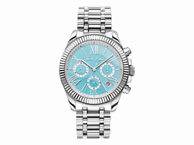 Elegante Thomas Sabo Damenuhr WA0397-201-201-38 aus Edelstahl mit türkisfarbenem Ziffernblatt, römischen Ziffern und chronographischen Funktionen auf einem hochwertigen Armband.