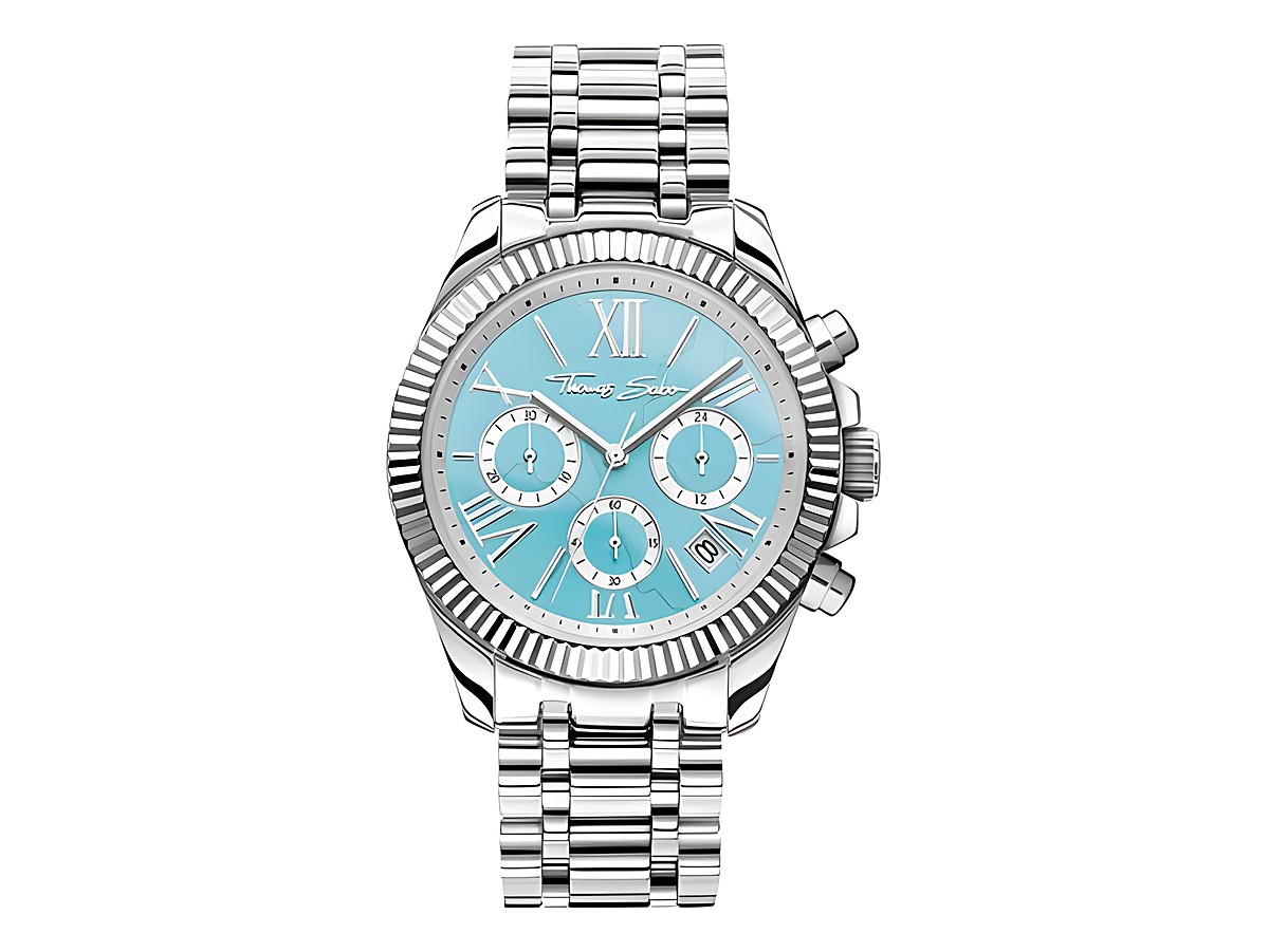 Elegante Thomas Sabo Damenuhr WA0397-201-201-38 aus Edelstahl mit türkisfarbenem Ziffernblatt, römischen Ziffern und chronographischen Funktionen auf einem hochwertigen Armband.