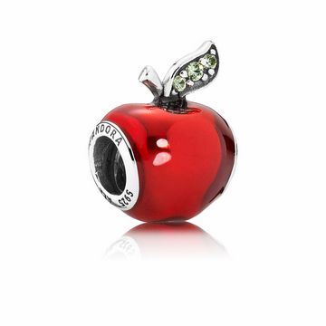Charm in Form eines roten Apfels mit grünem Blatt und glitzernden Details, hergestellt von Pandora, inspiriert von Disney's Schneewittchen. Ideal für Schmuckliebhaber.