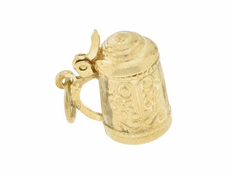 Bierkrug Anhänger aus 333 Gold, originell gestaltet, Hersteller Juwelier Harnisch, ideal für Bierkrüge Liebhaber, dekorativer Schmuck mit feinen Details.