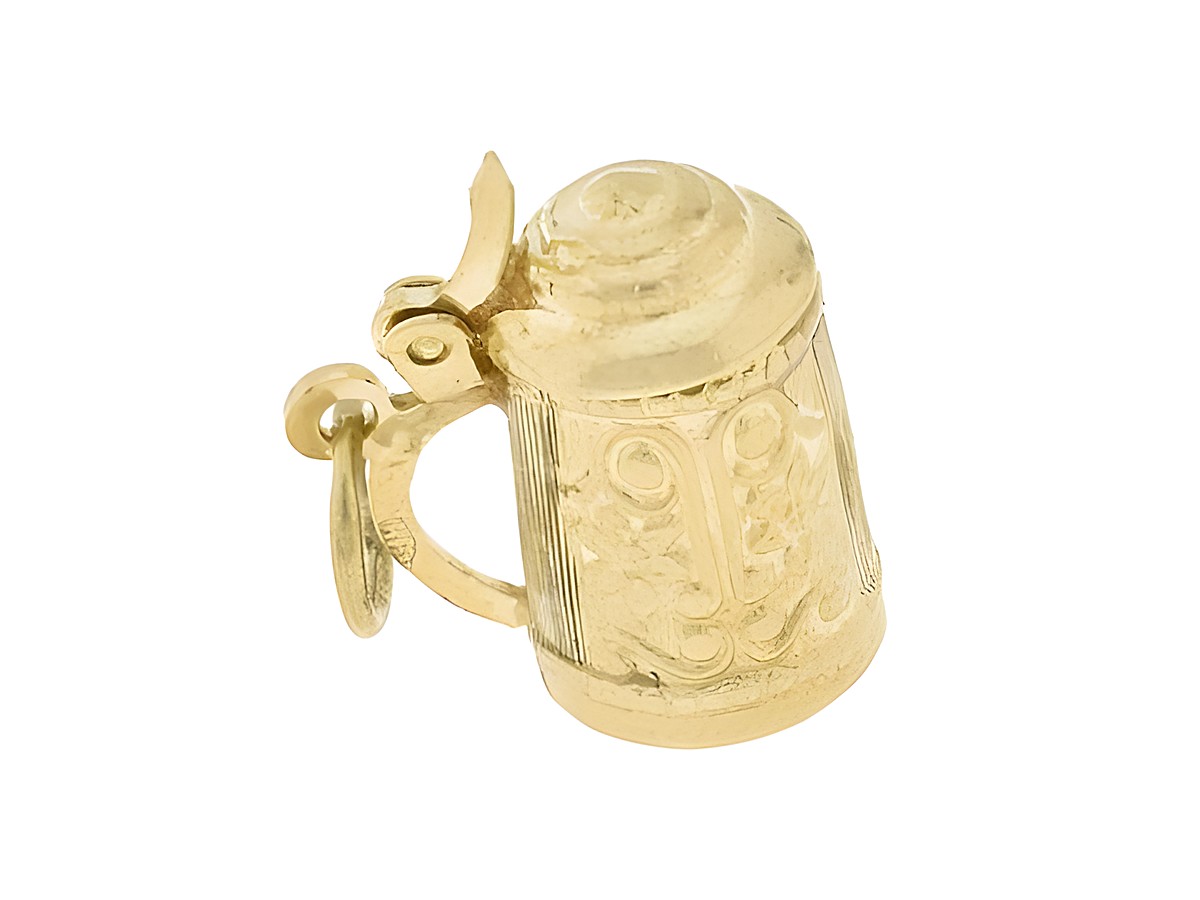 Bierkrug Anhänger aus 333 Gold, originell gestaltet, Hersteller Juwelier Harnisch, ideal für Bierkrüge Liebhaber, dekorativer Schmuck mit feinen Details.