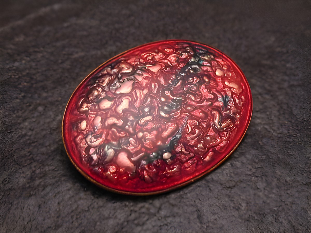 MIX-IT pink-violett Emaille vergoldete Vintage Brosche von Juwelier Harnisch, ovaler Anhänger mit strukturierter Oberfläche und lebendigen Farben, ideales Accessoire für elegante Outfits.