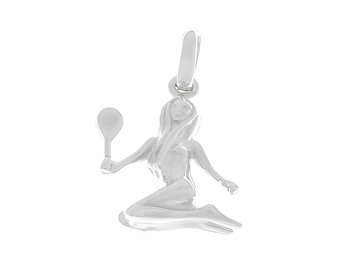 Jungfrau Sternzeichen Anhänger aus 925 Sterling Silber poliert, mit einer sitzenden Figur, die einen Spiegel hält, Hersteller Juwelier Harnisch, Jungfrau.