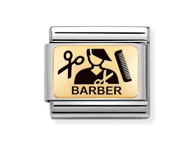 Charm aus Edelstahl und 585 Gold mit Friseur-Motiv, zeigt Scheren, Kamm und die Aufschrift BARBER, geeignet für personalisierte Armbänder von Nomination.