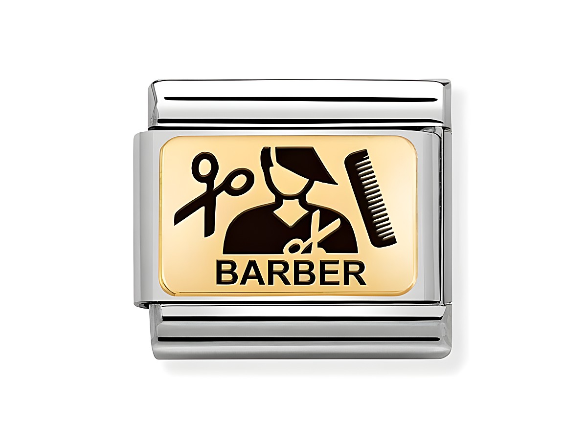 Charm aus Edelstahl und 585 Gold mit Friseur-Motiv, zeigt Scheren, Kamm und die Aufschrift BARBER, geeignet für personalisierte Armbänder von Nomination.