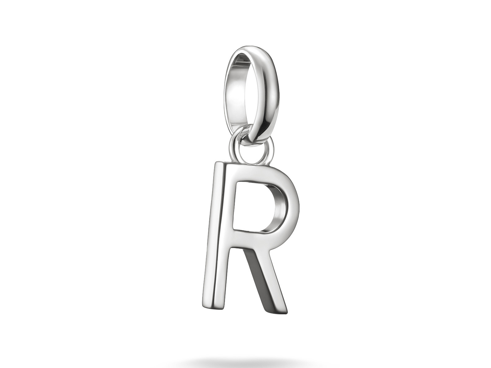 Charm von Thomas Sabo aus Silber in Form des Buchstabens R mit Öse, Teil der Charm Club CONNECT Kollektion, in modernem Design und glänzender Oberfläche.
