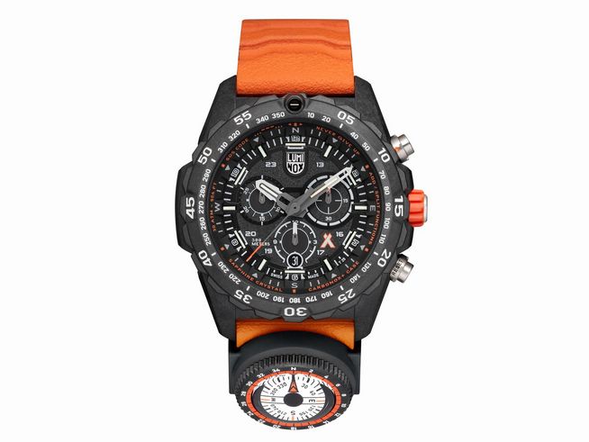 Luminox Bear Grylls XB.3749 Herren Armbanduhr mit 45 mm Gehäuse, schwarzem Ziffernblatt, orangefarbenem Lederarmband und Kompassfunktion, robust und ideal für Abenteuer.