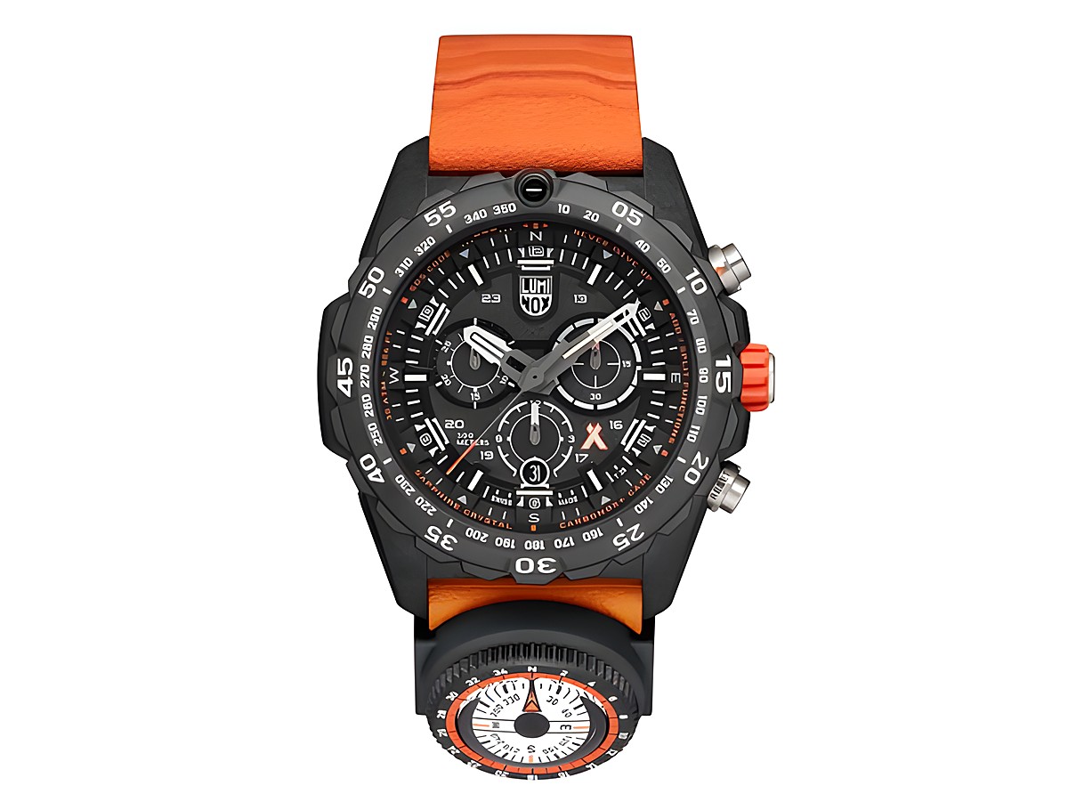 Luminox Bear Grylls XB.3749 Herren Armbanduhr mit 45 mm Gehäuse, schwarzem Ziffernblatt, orangefarbenem Lederarmband und Kompassfunktion, robust und ideal für Abenteuer.