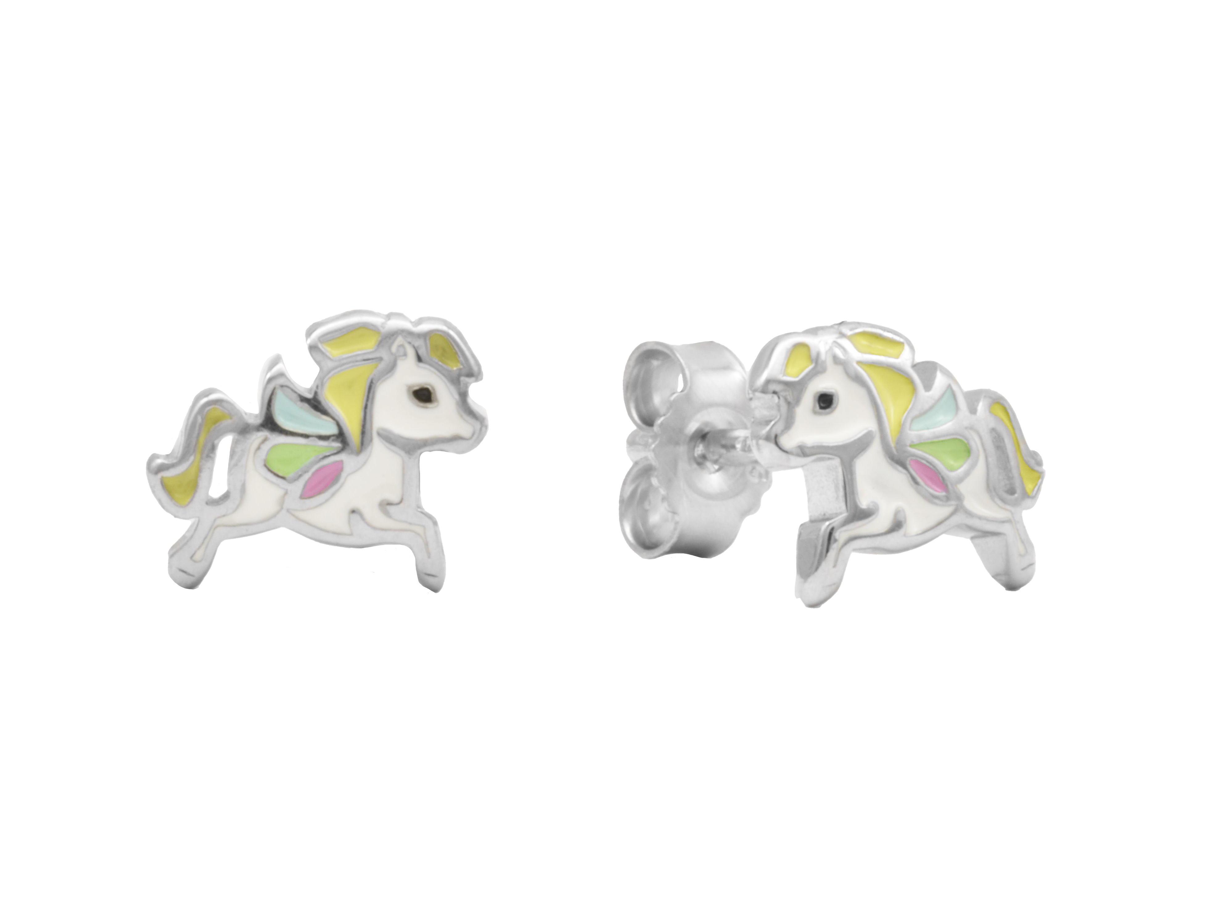 Ohrstecker in Form eines Pegasus aus rhodiniertem Sterling Silber 925, bunt lackiert, idealer Kinderschmuck von Juwelier Harnisch für Kinder.