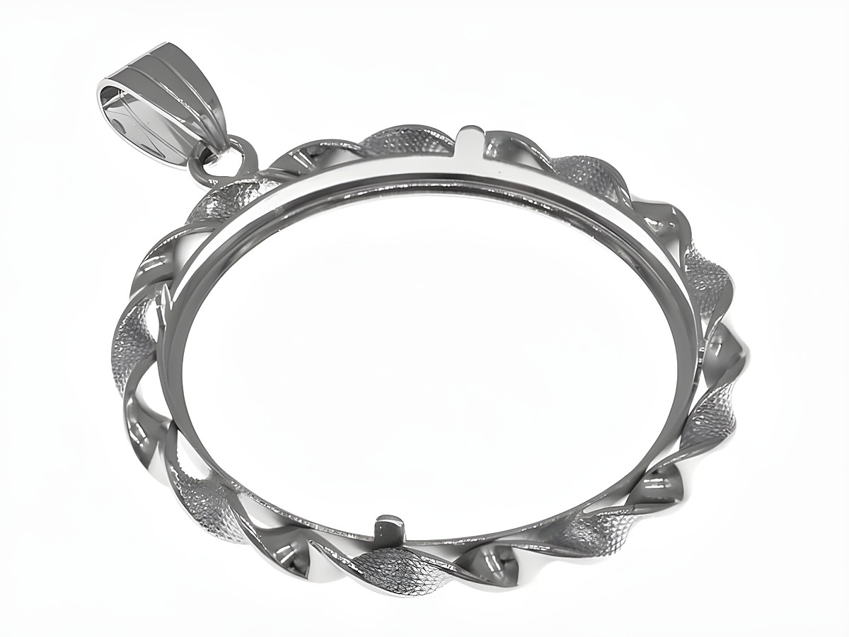 Münzfassung Anhänger aus rhodiniertem 925 Sterling Silber mit einem Durchmesser für Münzen bis 31 mm, mit dekorativer Kordelung und geeignet für Münzen bis 3,5 cm. – Ansicht 2