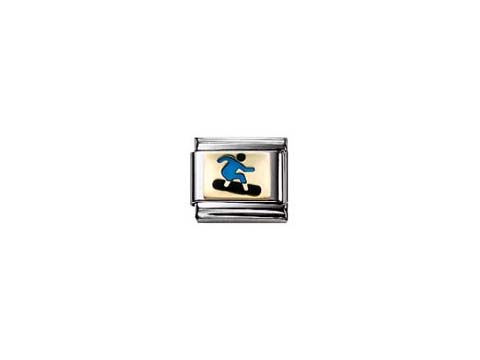 Emaillierter Charm von Nomination mit einem blauen Snowboarder auf hellem Hintergrund, geeignet für Armbänder oder Anhänger, Modell BLAU 030203 24.