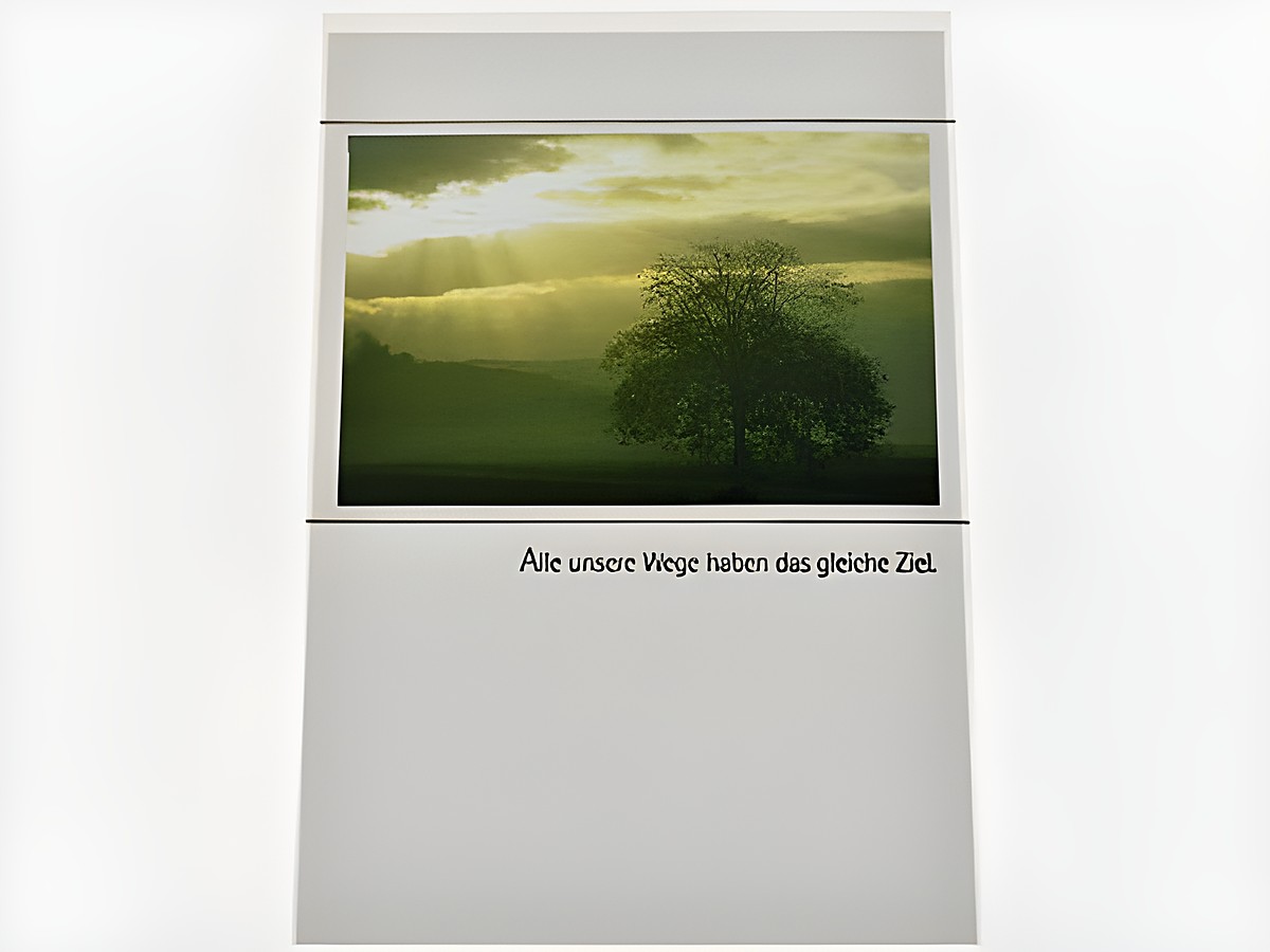 Trauerkarte mit einem stilisierten Baum im Vordergrund, umgeben von einer stimmungsvollen Landschaft und einer lichtdurchfluteten Himmelsszene, mit dem Text Alle unsere Wege haben das gleiche Ziel.