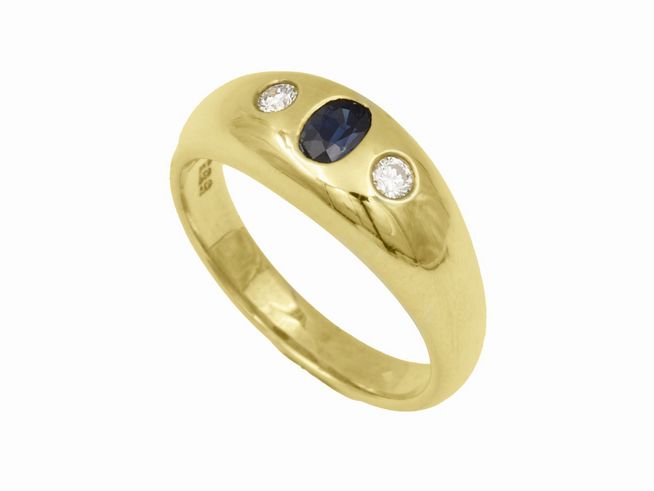 Gelbgold Ring klassisch aus 585er Gelbgold mit einem Brillant und einem Saphir von 0,10 ct tw-vsi, handgearbeitet in Größe 55, Hersteller Juwelier Harnisch, bis Größe 54 oder 17,5.