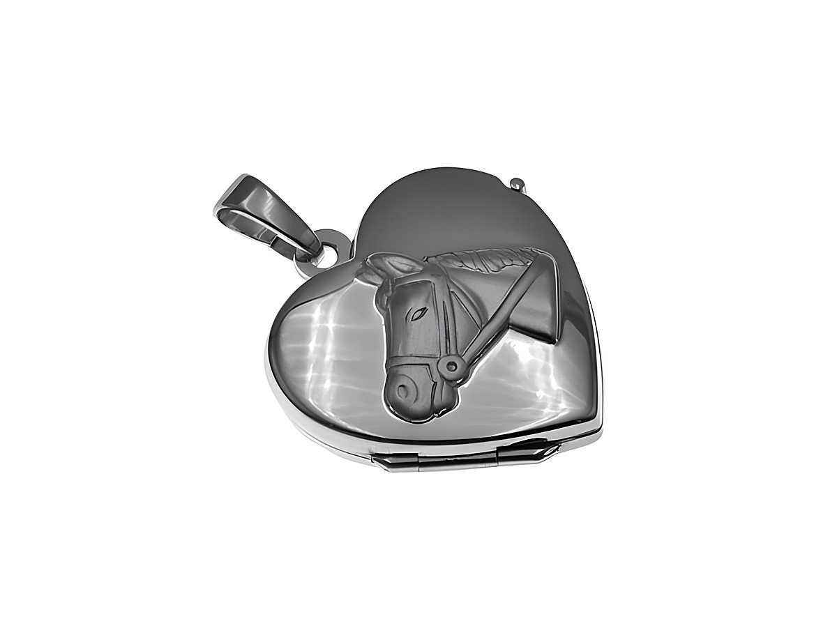 Medaillon in Herzform aus rhodiniertem Sterling Silber mit einem Pferdekopf-Relief, Hersteller Juwelier Harnisch. Elegantes Schmuckstück für Pferdeliebhaber.