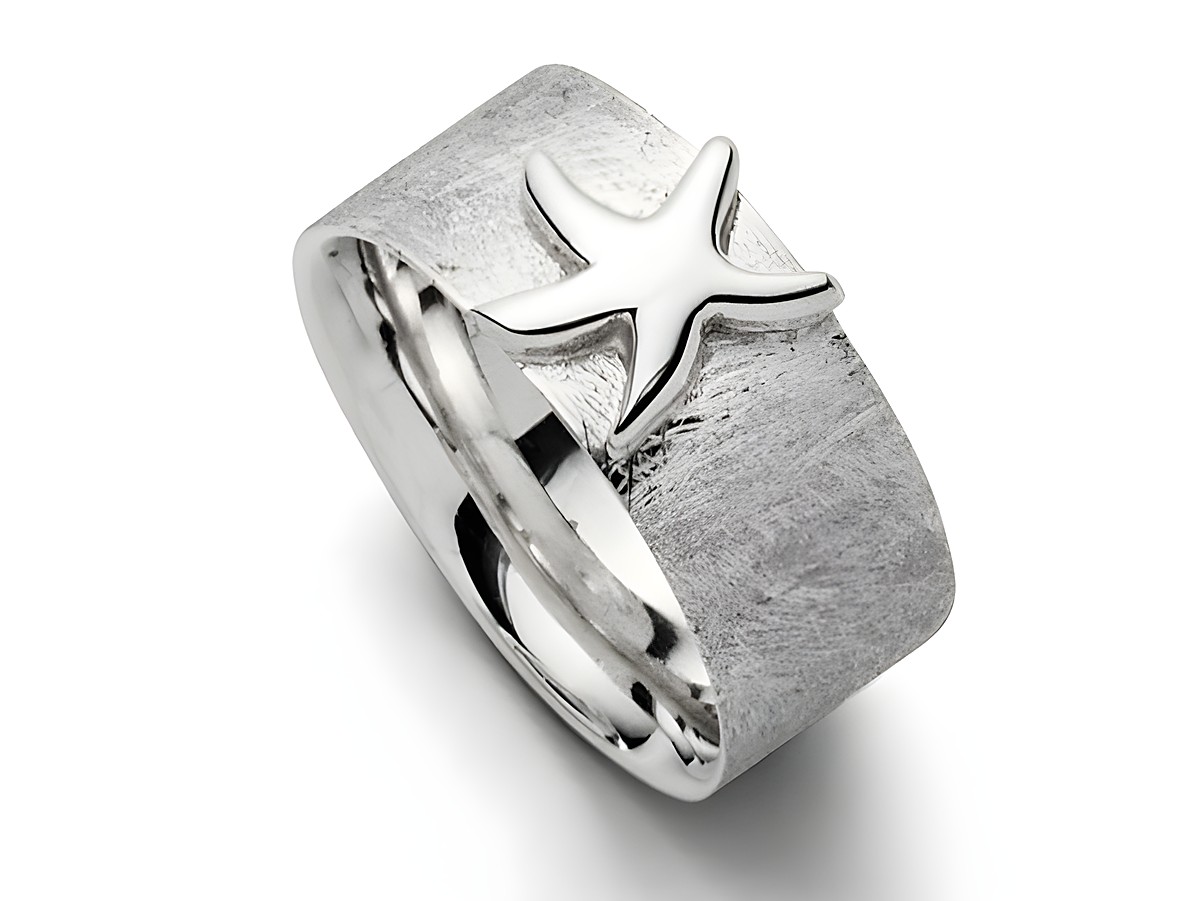 Sterling Silber Ring mit Seesternmotiv, Oberfläche leicht strukturiert, robuste Form, Größe 64, von Hersteller DUR, ideal für den maritimen Stil.