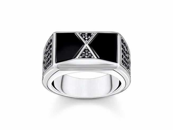 Silberner Ring von Thomas Sabo mit schwarzem Achat und Zirkonia, Größe 62, zeitloses Design in rechteckiger Form mit eleganten Details, ideal für stilvolle Akzente.