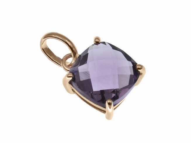 Anhänger mit Kissenschliff in Violett aus hochwertigem Stein, gefasst in Roségold Vergoldung und Sterling Silber, Hersteller Juwelier Harnisch, ideal als elegantes Schmuckstück.