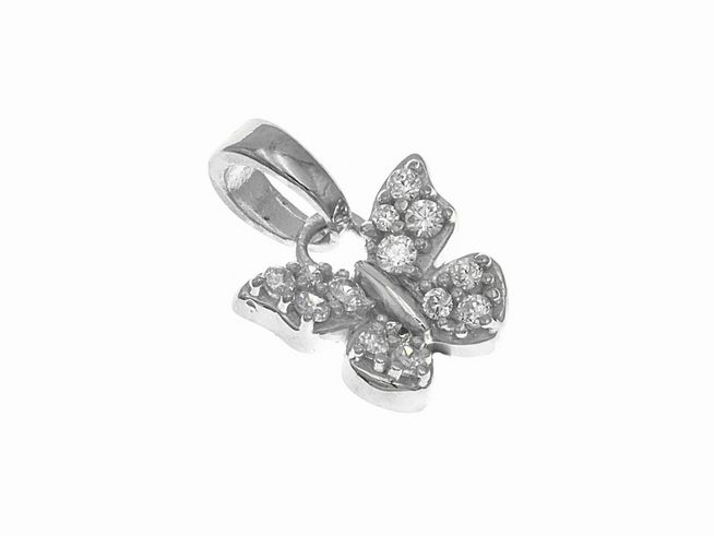 Schmetterlingsanhänger aus rhodiniertem Silber, funkelnd mit weißen Zirkonia, hergestellt von Juwelier Harnisch, ideal für Kinder. Designerstück mit filigranem Design.