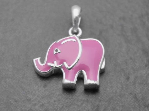 Niedlicher Elefant Anhänger aus Sterling Silber mit pinkem und schwarzem Lack für Kinder, hergestellt von Juwelier Harnisch. Ideales Schmuckstück für kleine Tierliebhaber.