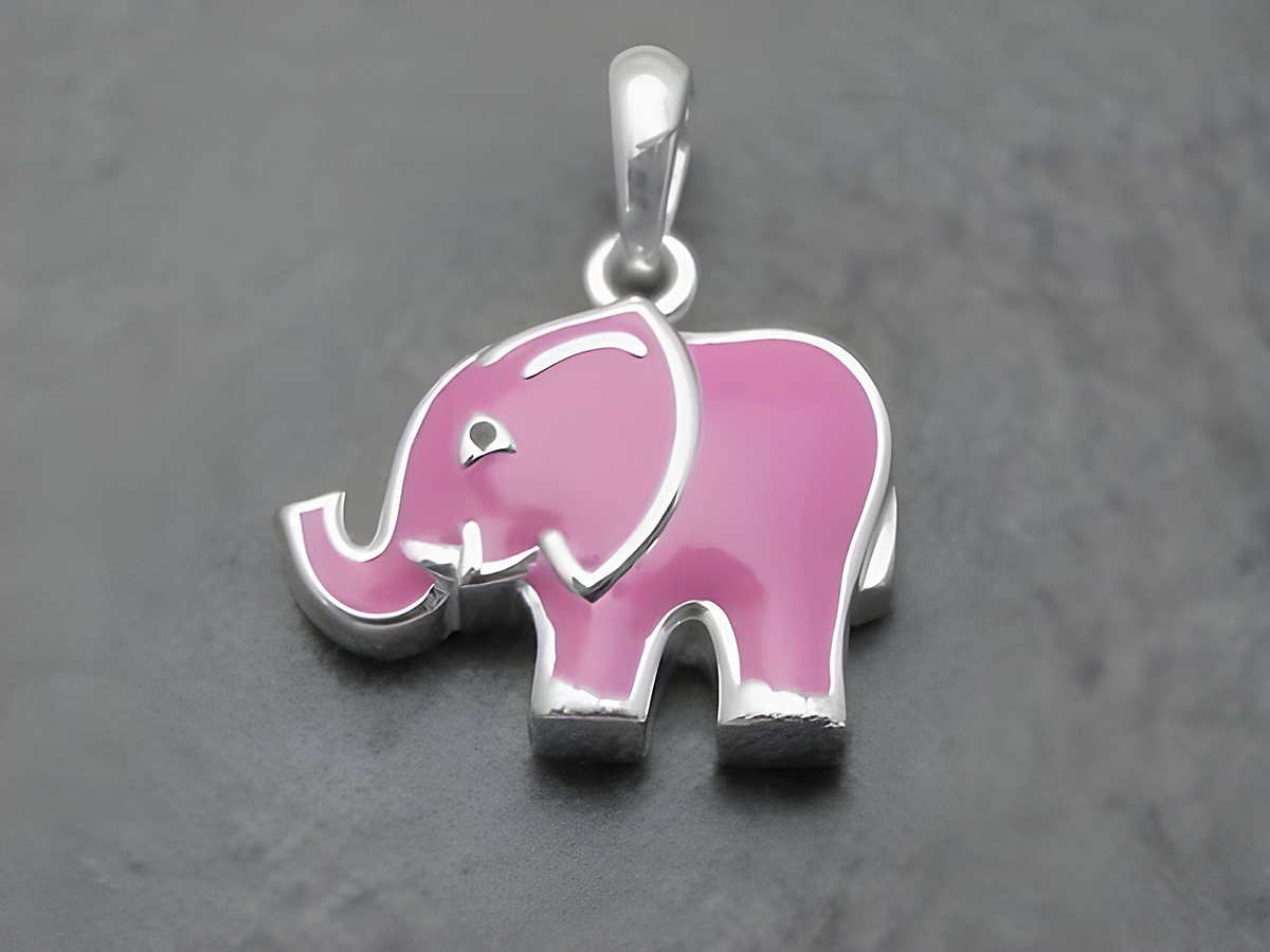 Niedlicher Elefant Anhänger aus Sterling Silber mit pinkem und schwarzem Lack für Kinder, hergestellt von Juwelier Harnisch. Ideales Schmuckstück für kleine Tierliebhaber.