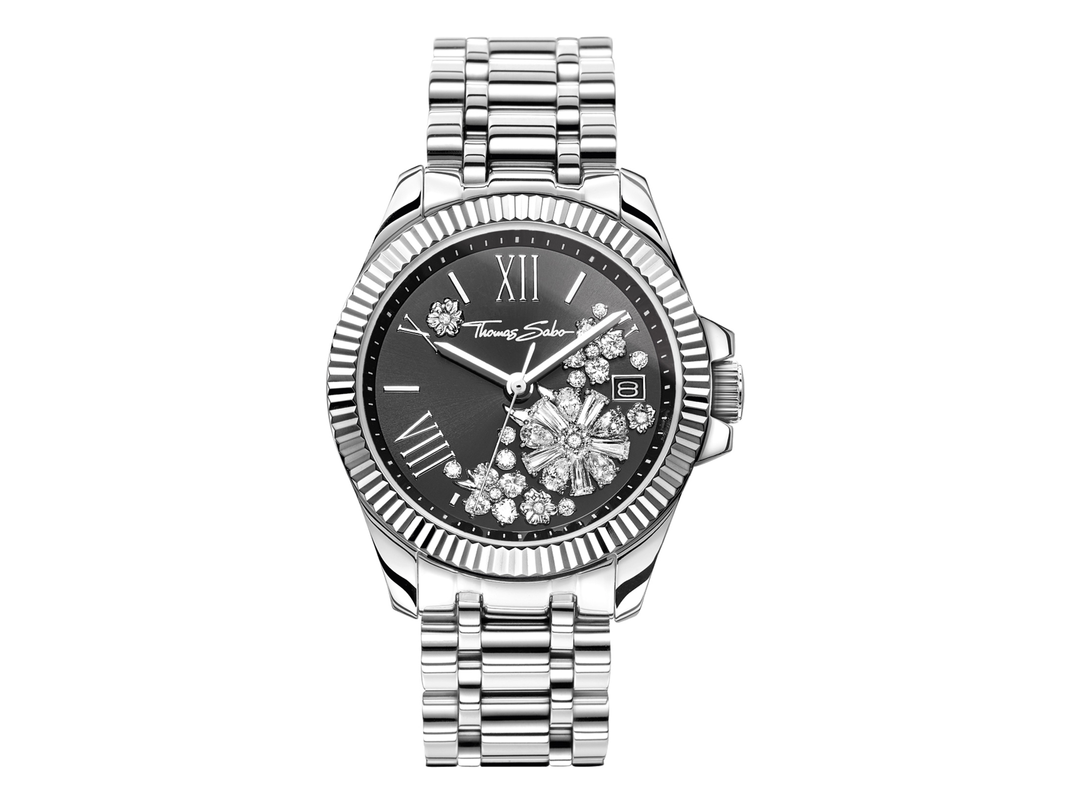 Die Thomas Sabo Divine Flower Damenuhr präsentiert sich mit einem eleganten schwarzen Ziffernblatt und funkelnden Details, eingefasst in einem glänzenden Gehäuse und einem hochwertigen Armband.
