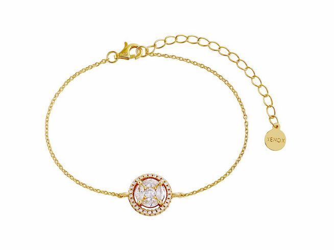 Xenox Sterling Silber Armband XS7066G in Gelbgold Vergoldung mit Karreekette und zentralem Halbedelstein, flexibel von 15 bis 20 cm einstellbar, elegantes Schmuckstück für jeden Anlass.