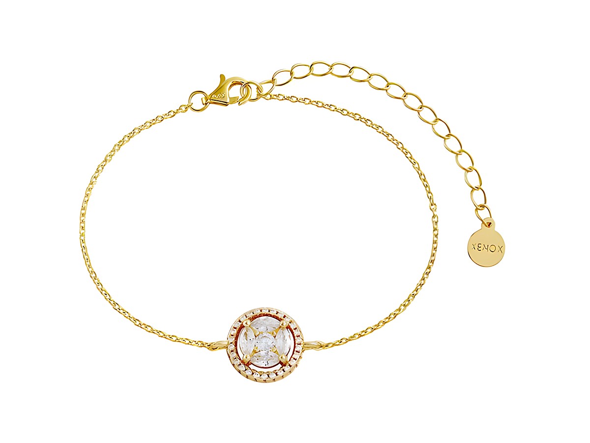 Xenox Sterling Silber Armband XS7066G in Gelbgold Vergoldung mit Karreekette und zentralem Halbedelstein, flexibel von 15 bis 20 cm einstellbar, elegantes Schmuckstück für jeden Anlass.