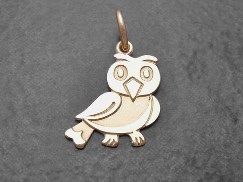 Eule aus Gold als Anhänger, symbolisch für Weisheit, gefertigt vom Juwelier Harnisch, präsentiert ein stilisiertes Tierdesign in hochwertiger Ausführung.