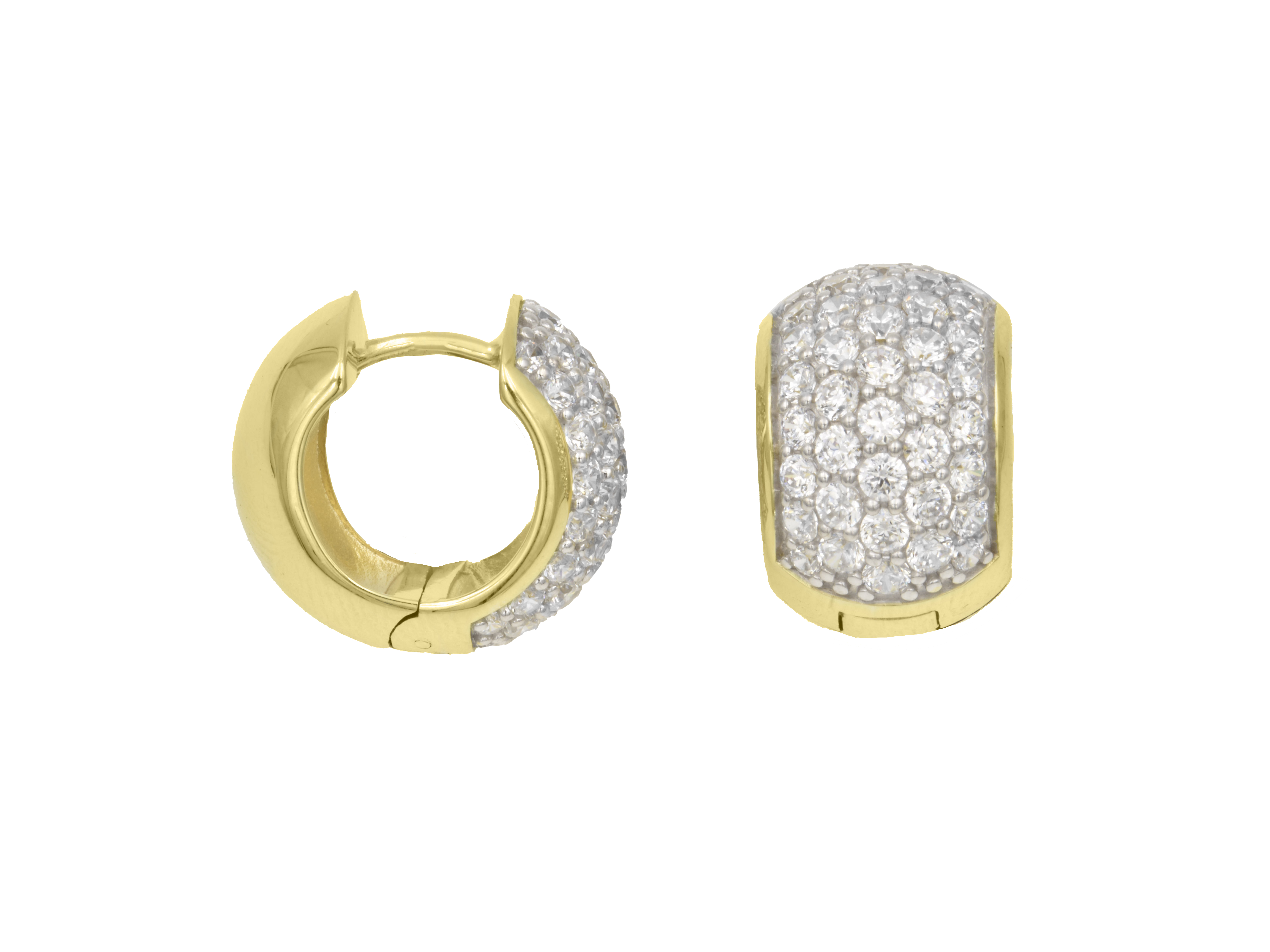 Ohrringe Pave Creolen aus Sterling Silber mit Gelbgold Vergoldung und funkelndem Zirkonia, Durchmesser 15,5 mm, Hersteller Juwelier Harnisch, neuartige Schmuckstücke für jeden Anlass.