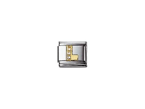 Silberner Charm mit Letter L und Zirkonia, Hersteller Nomination, Modell Classic, ideal für Armbänder, elegantes Design, perfekte Ergänzung für individuellen Schmuck.