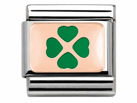 Edelstahl und Roségold Classic Platte von Nomination mit einem grünen Glücksklee-Motiv aus Emaille in der Mitte. Schlichte und elegante Gestaltung für ein modisches Accessoire.