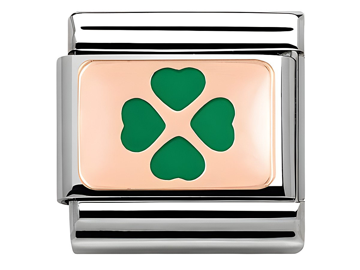 Edelstahl und Roségold Classic Platte von Nomination mit einem grünen Glücksklee-Motiv aus Emaille in der Mitte. Schlichte und elegante Gestaltung für ein modisches Accessoire.