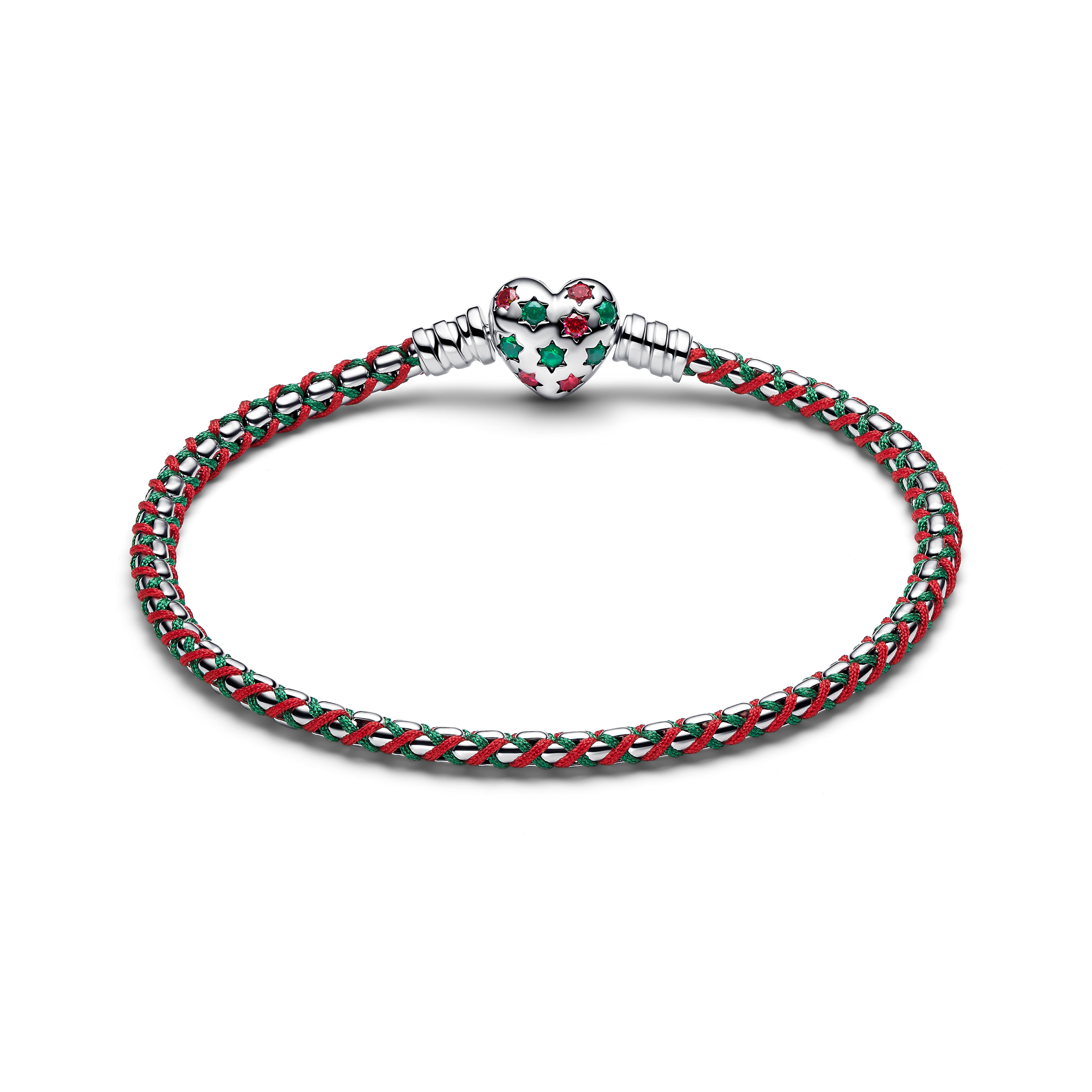 Pandora Armband - Pfefferminz Kordel - Grün & Rot - Herz Verschluß - Silber – Ansicht 2