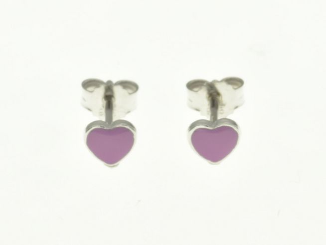Herz Ohrstecker aus Sterling Silber, rhodiniert mit lila Emaille, hergestellt von Juwelier Harnisch, ideal für Kinder.