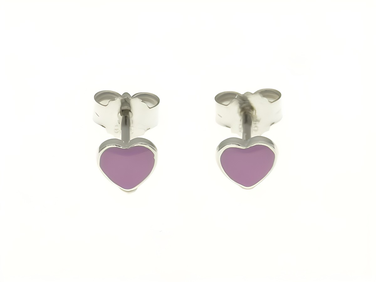 Herz Ohrstecker aus Sterling Silber, rhodiniert mit lila Emaille, hergestellt von Juwelier Harnisch, ideal für Kinder.