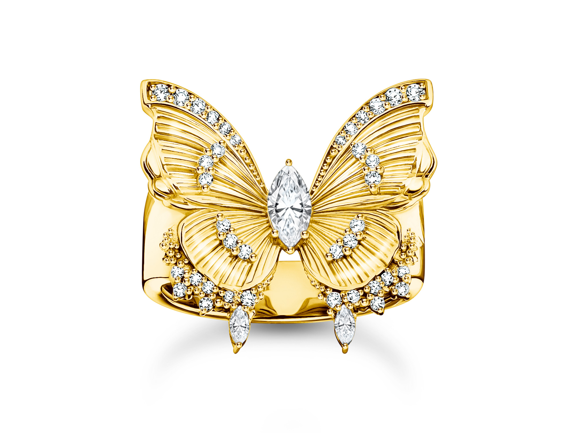 Thomas Sabo Ring TR2495-414-14-52 in Silber vergoldet mit einem filigranen Schmetterlingsdesign, verziert mit funkelnden Zirkonia, Teil der Blooming Skies Kollektion, Größe 52.