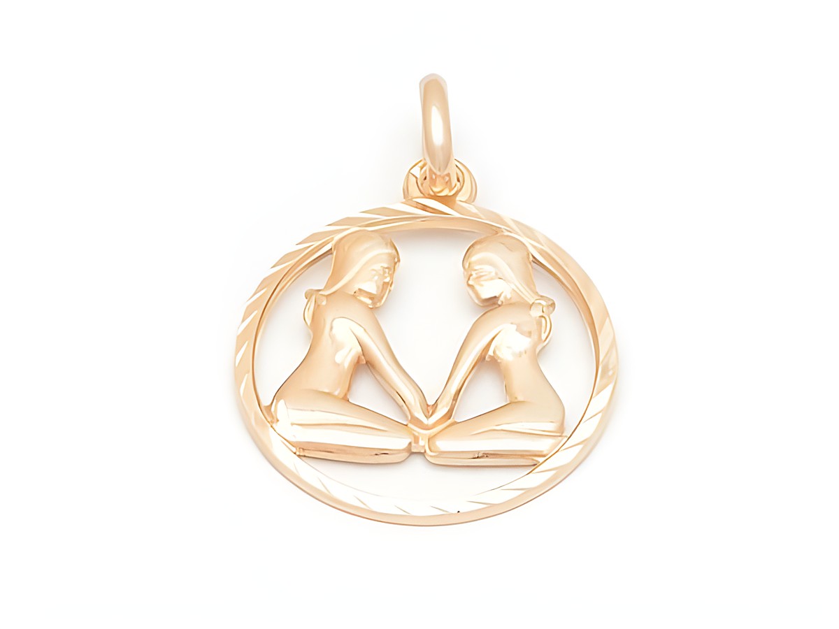 Zwei stilisierte Figuren im Medaillon design symbolisieren das Zwillinge Sternzeichen, gefertigt aus rosévergoldetem sterling Silber mit diamantierter Oberfläche, Hersteller Juwelier Harnisch.