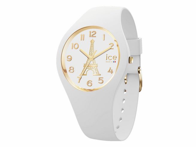Einfache ICE Watch Uhr 023248 ICE cocorico in Weiß mit goldenen Akzenten und Ziffern. Das Ziffernblatt zeigt den Eiffelturm und hat ein klassisches, modernes Design. Größe Small.